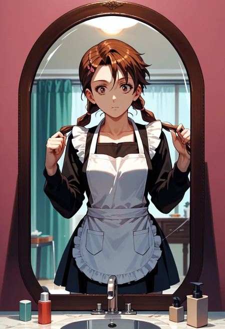 score_9,score_8_up,score_7_up,source_anime, Sakuno Ryuzaki,1girl,solo,skirt,hair ornament,twintails,hairclip,apron,reflection,mirror,