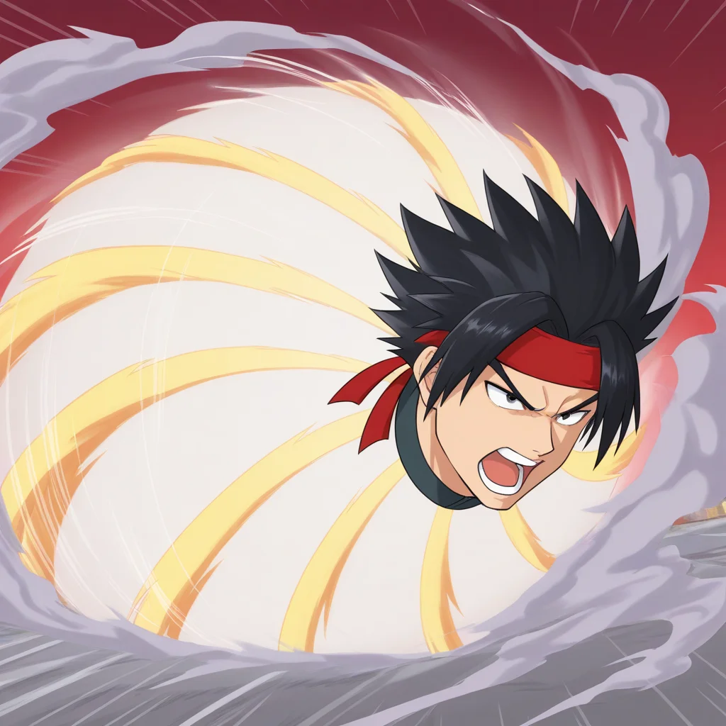 choukyuuhaoudeiedan, spinning, 1boy, solo, head only, black hair, spiked hair, red headband, serious, angry, open mouth, shouting, city background, smoke