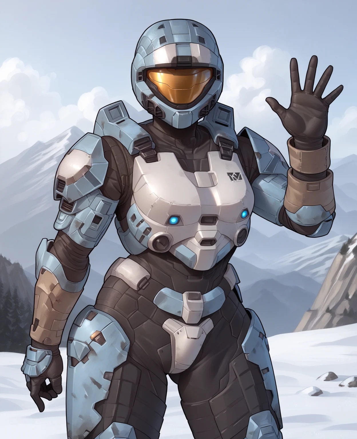 score_9, score_8_up, score_7_up, score_6_up, score_5_up, score_4_up, source_anime, kia, fnw, spartan \(halo\), (1girl, female:1.2), solo, standing, helmet, faceless, armor, gloves, crotch plate, breastplate, outside, snow, mountain, looking at viewer, waving at viewer, waving, pose, gesture, excited, wide stance, front view
<lora:spartan_pdxl:1>