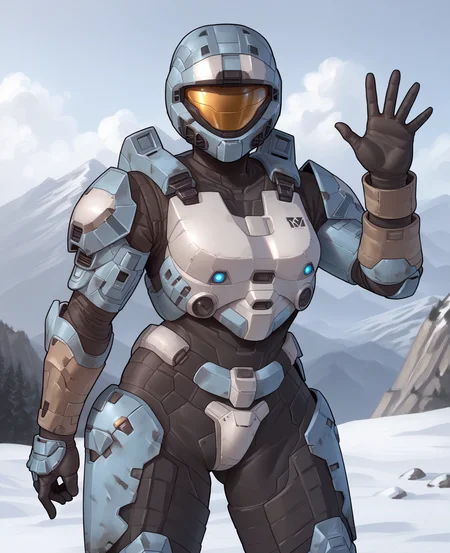 score_9, score_8_up, score_7_up, score_6_up, score_5_up, score_4_up, source_anime, kia, fnw, spartan \(halo\), (1girl, female:1.2), solo, standing, helmet, faceless, armor, gloves, crotch plate, breastplate, outside, snow, mountain, looking at viewer, waving at viewer, waving, pose, gesture, excited, wide stance, front view
<lora:spartan_pdxl:1>