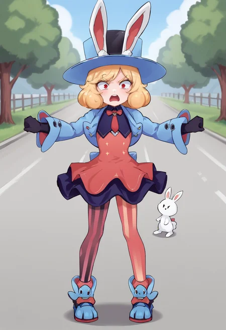 <lora:Finii:1> , 1girl, finii, blonde hair, red eyes, rabbit ears, blue jacket, dress, upper teeth only, blue headwear, short hair, long sleeves, gloves, black gloves, animal ears, hat, pantyhose, striped pantyhose, blue footwear, full body, frustrated, outdoors,