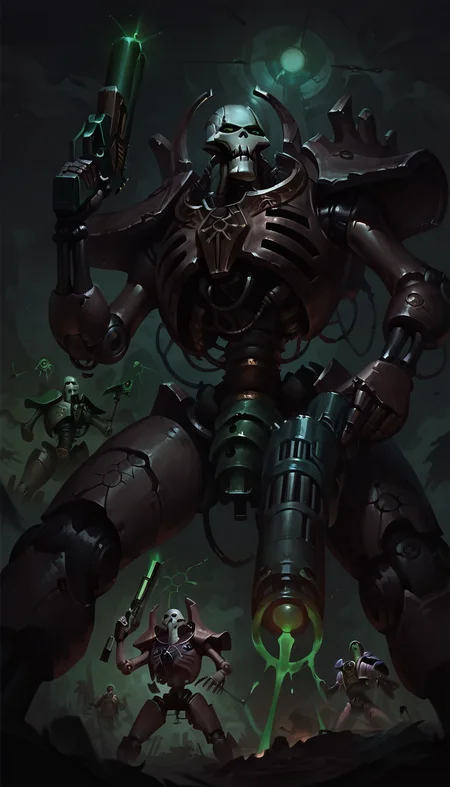 score_9, score_8_up, score_7_up, necron, robot, green energy, wh40k, holding gun, black armor, science fiction, mecha, 
from below,
 <lora:Necron_race_WH40K:1> 
 <lora:Concept Art DarkSide Style LoRA_Pony XL v6:1> concept art, realistic, dark theme, low light,