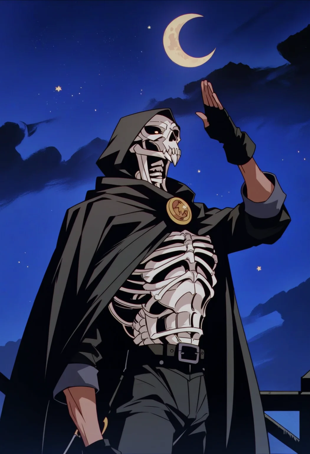 score_9, score_8_up, score_7_up, score_6_up, score_5_up, score_4_up,
<lora:BerserkV5:0.8> berserk,
solo, 1boy, gloves, upper body, male focus, weapon, outdoors, sky, black gloves, belt, hand up, cloud, hood, sword, fingerless gloves, cape, mask, night, moon, cloudy sky, helmet, star (sky), facing viewer, night sky, cloak, buckle, hood up, starry sky, skull, belt buckle, salute, crescent moon, hooded cloak, skeleton