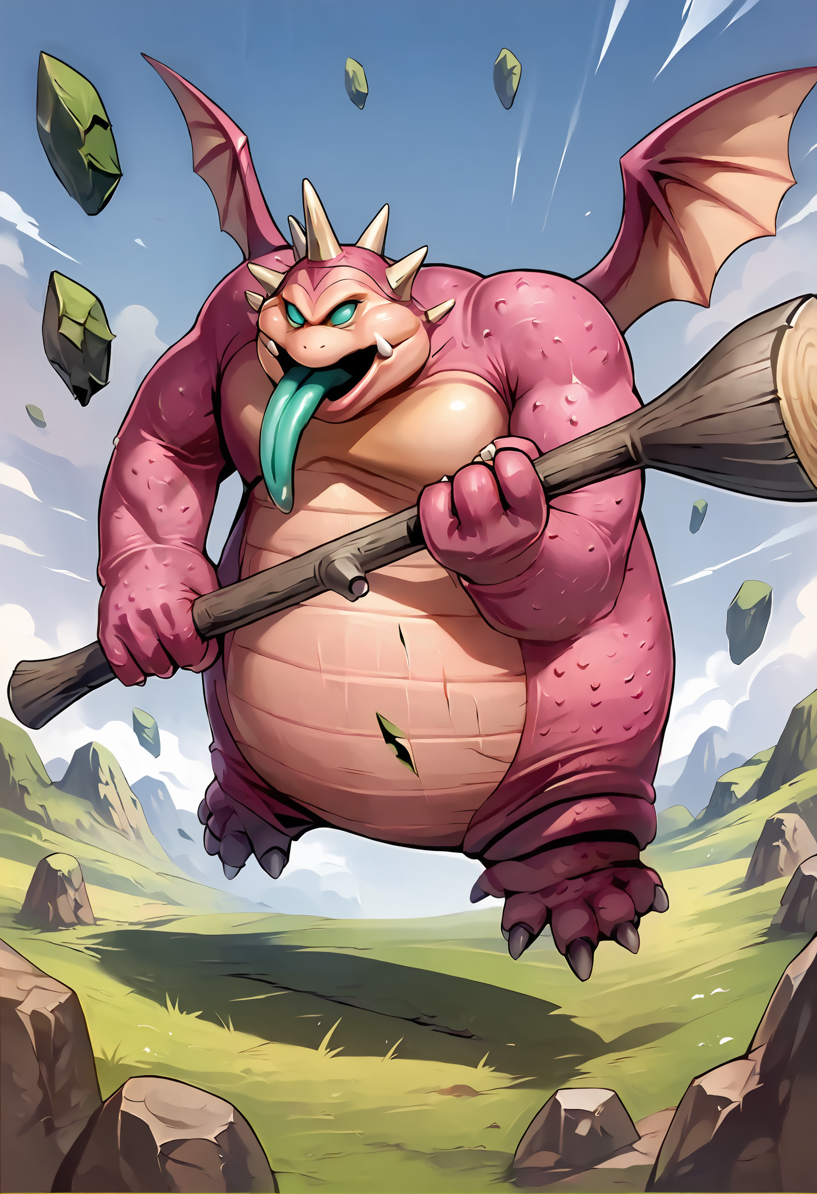 score_9,score_8_up,score_7_up,super detailed,extreme detailed,full_body,zPDXL,source anime,nature,field BREAK no humans,<lora:Pony_DetailV2.0:1> BREAK night clubber (dq),hammer,holding hammer,horns,tongue,tongue out,wings,<lora:night clubber (dq):1>,fighting stance,incoming attack,