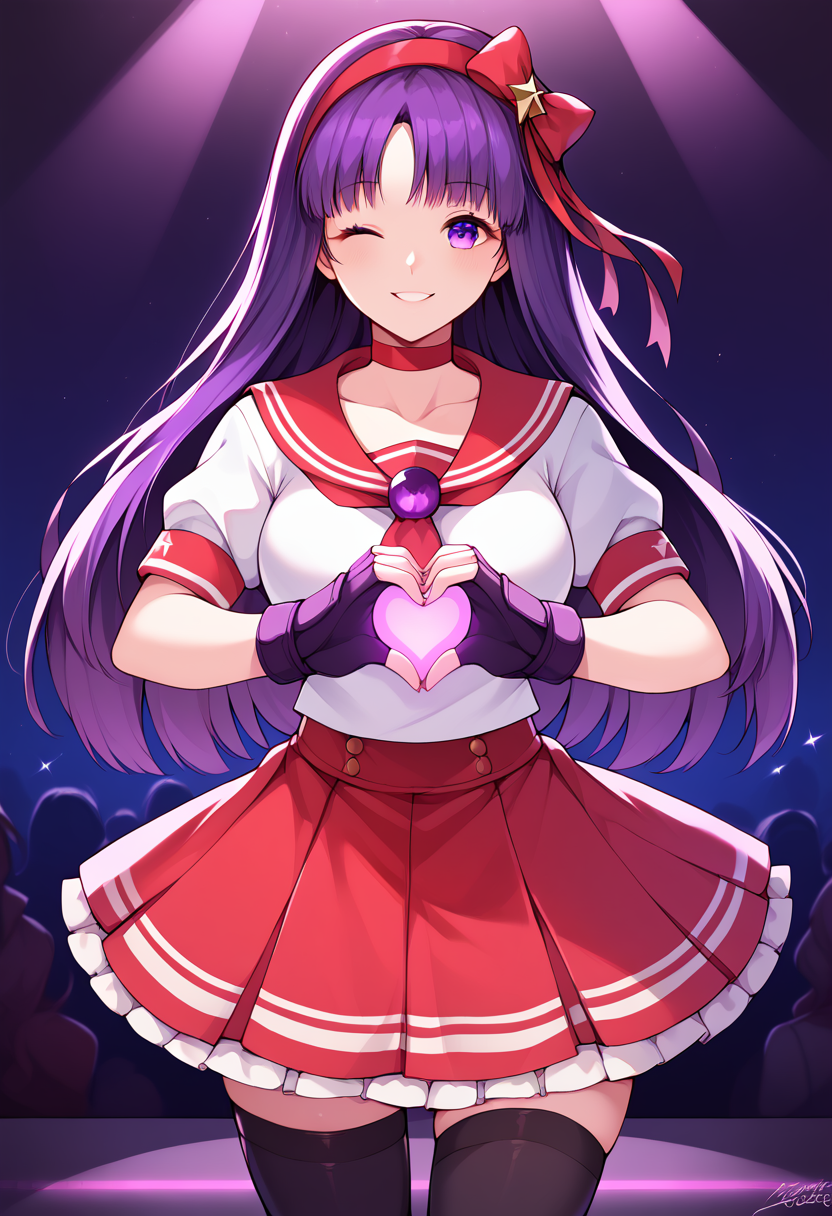 score_9, score_8_up, score_7_up, score_6_up, source_anime BREAK  <lora:AthenaXIV-000005:0.9>,  AthenaKOFXIV, red hairband, rec hair ribbon, purple eyes, purple hair, red choker, serafuku,pearl (gemstone), short sleeves, red skirt, fingerless gloves,black  thighhighs,  concert, stage, heart hands,  smile, one eye closed, breasts