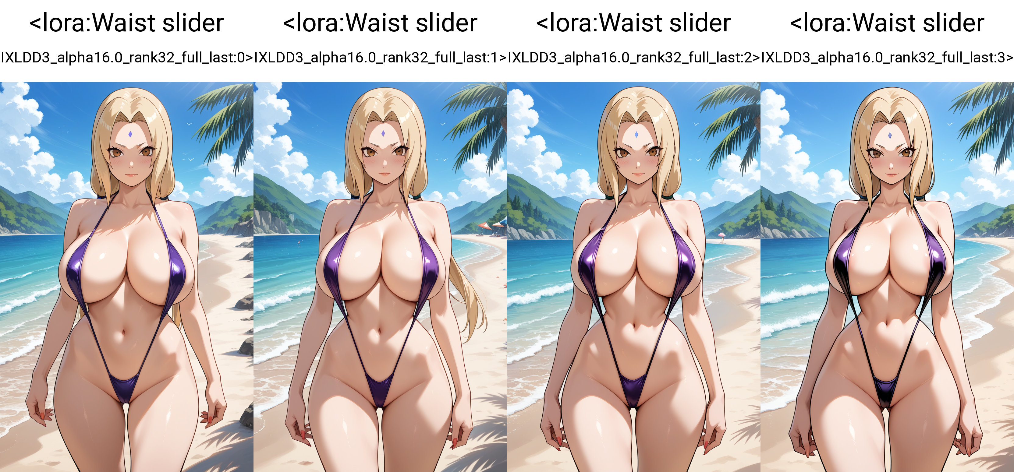 masterpiece, best quality, 1girl, tsunade \(naruto\), outdoors, standing, straight-on, slingshot swimsuit, beach,     <lora:Waist slider IXLDD3_alpha16.0_rank32_full_last:0>