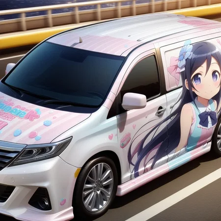 aragaki ayase,smile,vehicle focus, from side(lapping car,print car,painted car style),masterpiece,best quality, very aesthetic, absurdres, ultra detailed <lora:Ayase_Aragaki_-_Oreimo:0.7> <lora:lappingcar:1>