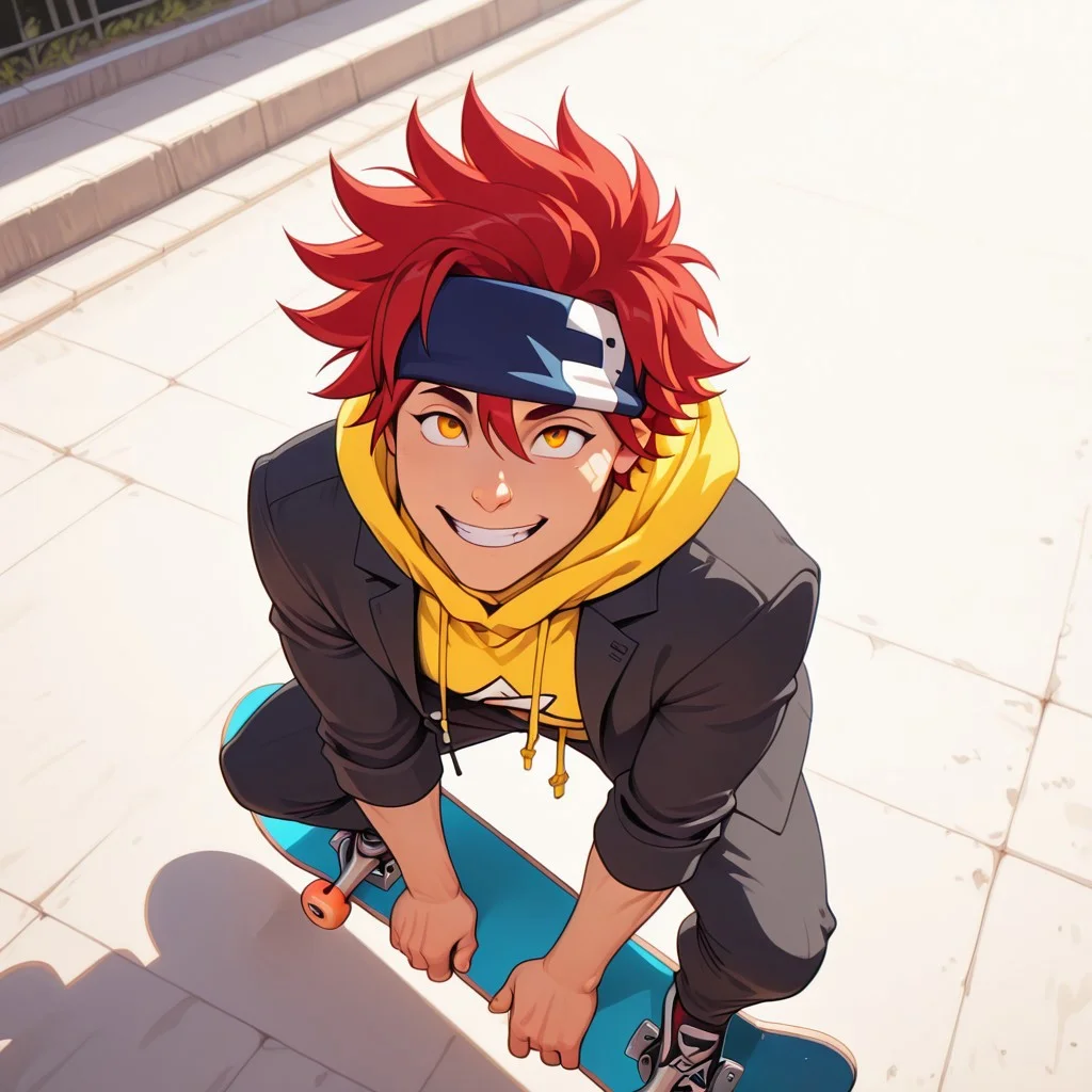 embedding:lazypos, ExpresHGothicNeonIncase, Masterpiece, Best Quality, male focus, score_9, score_8_up, score_7_up, solo, dynamic angle,( volumetric lighting:1.1),
BREAK,
1boy, Reki Kyan, amber eyes, red hair, headband, full body, fit body, athletic, pecs, broad shoulders, black jacket over a yellow hoodie, black pants, handstand on 1 hand, 1 hand holding skateboard, skateboard,
BREAK,
at day, outside, view from above, high angle, smiling, beaming smile