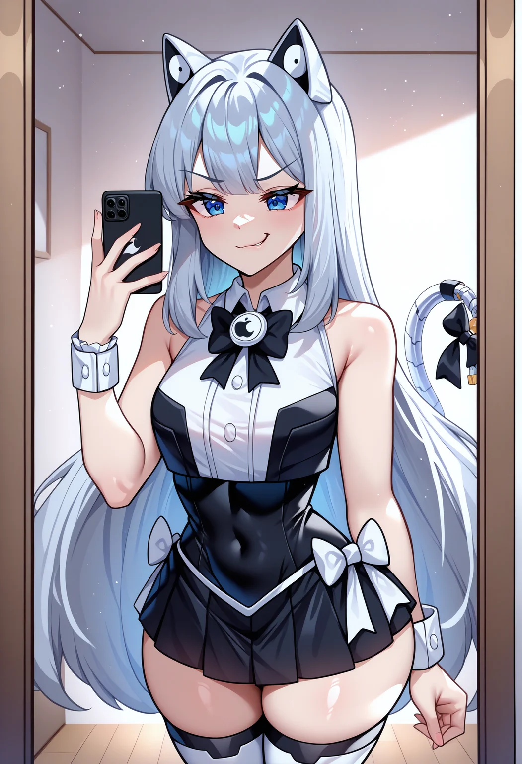 masterpiece, best quality, newest, absurdres, highres, 1girl, IPhonechan, AppleIcon, blue eyes, grey hair, medium breasts, cat tail, tail bow, tail ornament, mechanical tail, bowtie, white shirt, collared shirt, bare shoulders, sleeveless, black leotard, wrist cuffs, zettai ryouiki, pleated skirt, black skirt, thighs, white thighhighs,
<lora:IPhonechan_illusXLNoobAI_Incrs_v1-000012:1>, phone, selfie, mirror, smirk, apple inc.,