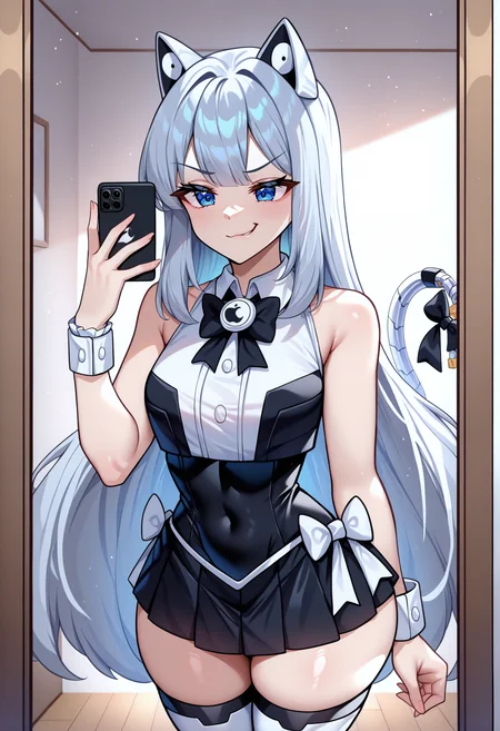masterpiece, best quality, newest, absurdres, highres, 1girl, IPhonechan, AppleIcon, blue eyes, grey hair, medium breasts, cat tail, tail bow, tail ornament, mechanical tail, bowtie, white shirt, collared shirt, bare shoulders, sleeveless, black leotard, wrist cuffs, zettai ryouiki, pleated skirt, black skirt, thighs, white thighhighs,
<lora:IPhonechan_illusXLNoobAI_Incrs_v1-000012:1>, phone, selfie, mirror, smirk, apple inc.,