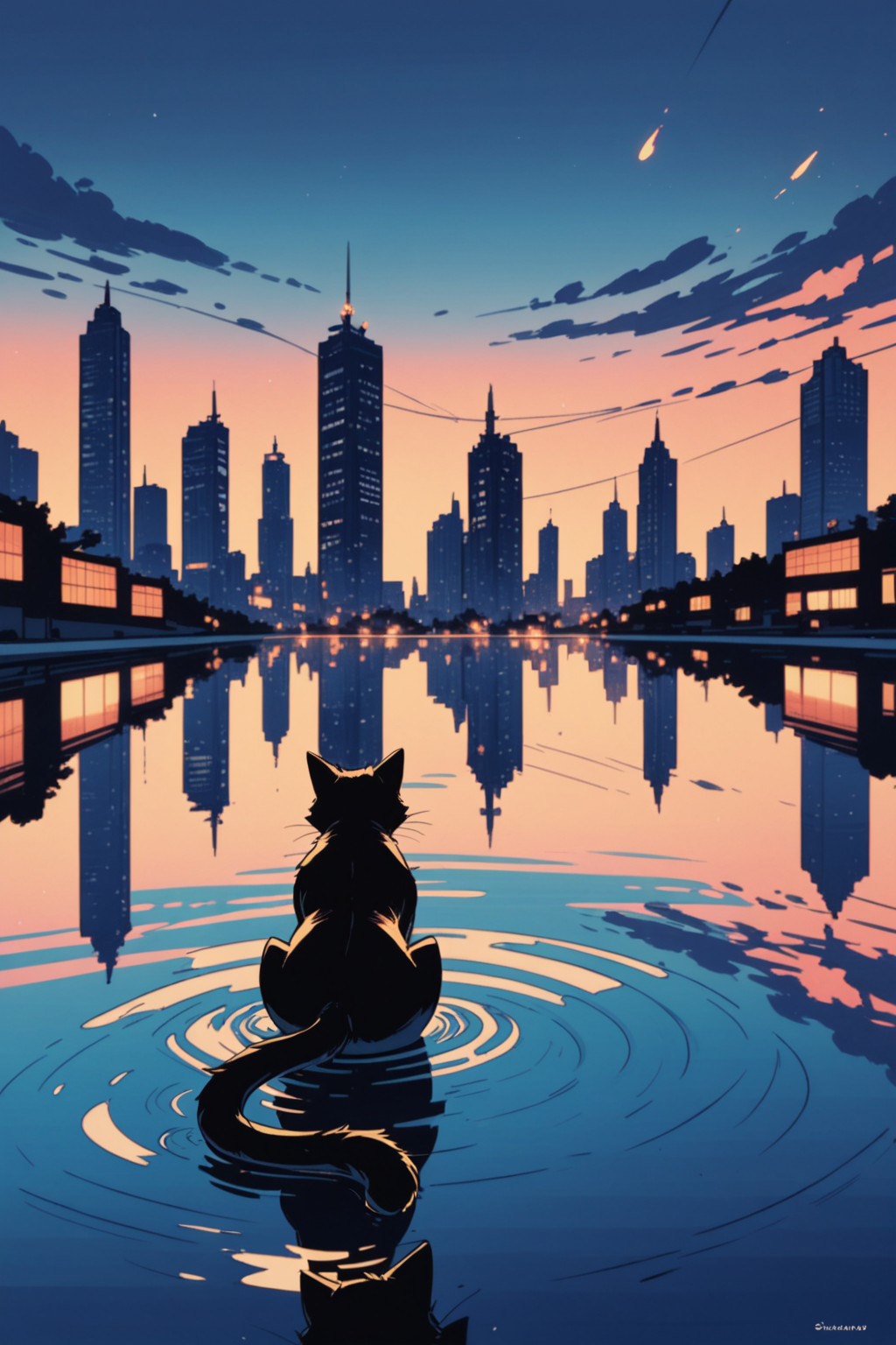 no humans, candle, cat, reflection, window, blurry, animal, indoors, scenery, animal focus, watercraft, building, sky, blurry background, water, depth of field, black cat, city, sitting, cityscape, city lights, boat, night, <lora:Expressive_H:0.5>, score_9, score_8_up, score_8_up, a_Comic_Illustration, rough lines with ink, (drawn:1.1), (sketch:1.5), (crosshatching:1.25), (comic style:1.1), graphic novel style, sharp lines, hires, zstyle, (western comics \(style\):1.1), (hatching \(texture\):1.2), zPDXL, Mr_Monster_Possitive