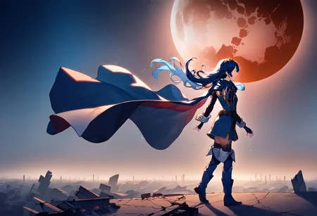 score_9, score_8_up, score_7_up, 1girl ,perfecteyes,red moon, multicolored theme,defLuci, long hair, tiara, cape, shoulder armor, blue tunic, long sleeves, cuffs, blue scarf, fingerless gloves, belt, pants, thigh boots, Runing
, close up, OverallDetail
Break,
a desolate cityscape in a post-apocalyptic world, ruined skyscrapers, collapsed buildings, overgrown vegetation, cracked roads, abandoned vehicles, crumbling infrastructure, eerie atmosphere, dark clouds, dim lighting, scattered debris, remnants of a once-bustling metropolis, shadows, fog, dystopian setting, haunting silence, signs of former civilization, graffiti, broken windows, blue tone line art, ((night)), ((blue light)), additional blue lights, stars in the sky, more lights as shown in the reference image, glowing elements