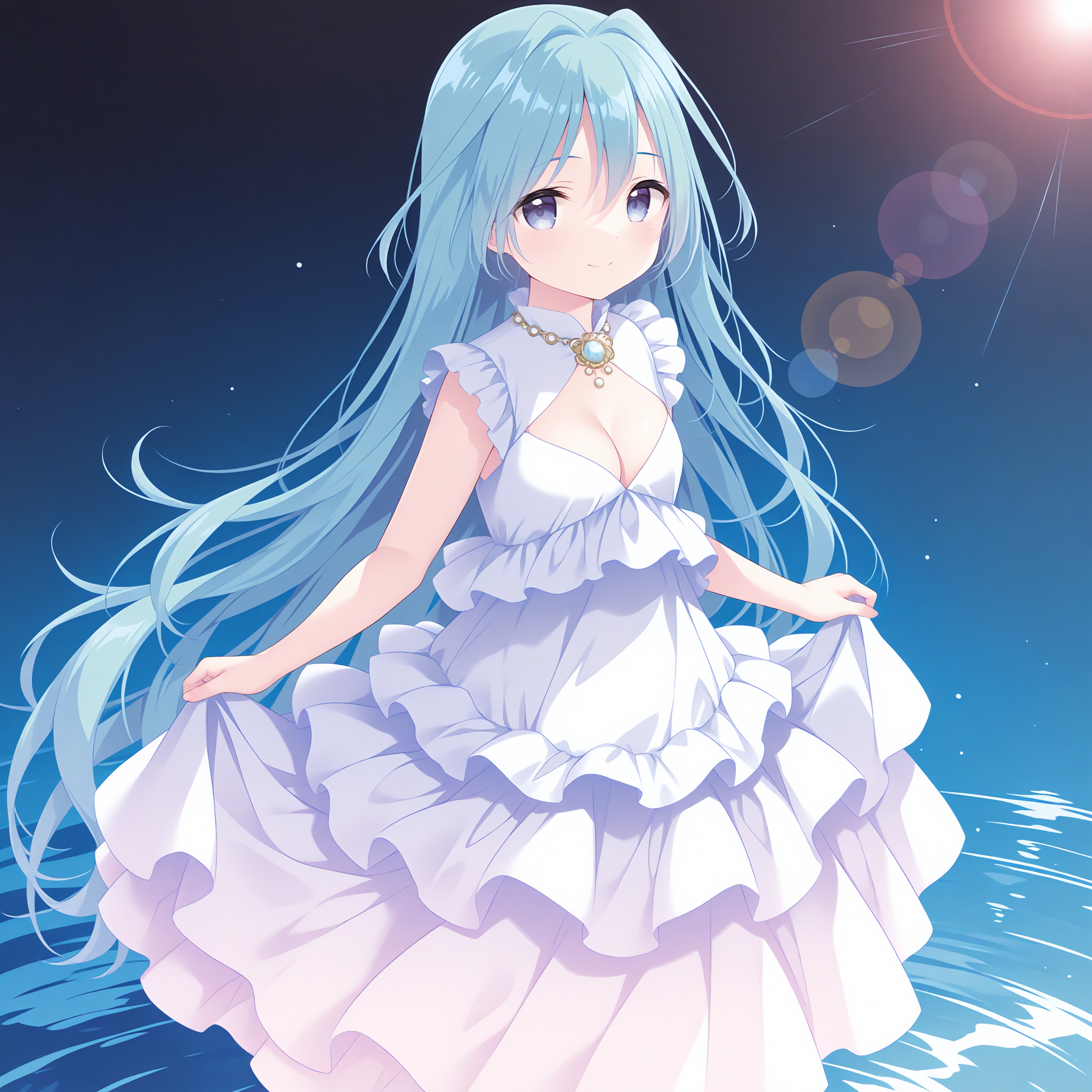 <lora:Ophelia_1_nai-000034:1>,Ophelia,
necklace,jewelry,white dress,sleeveless dress,frilled dress,cleavage,layered dress,
1girl,solo,smile,front view,looking at viewer,depth of field,lens_flare,skirt_hold,simple background,standing on liquid,dark,