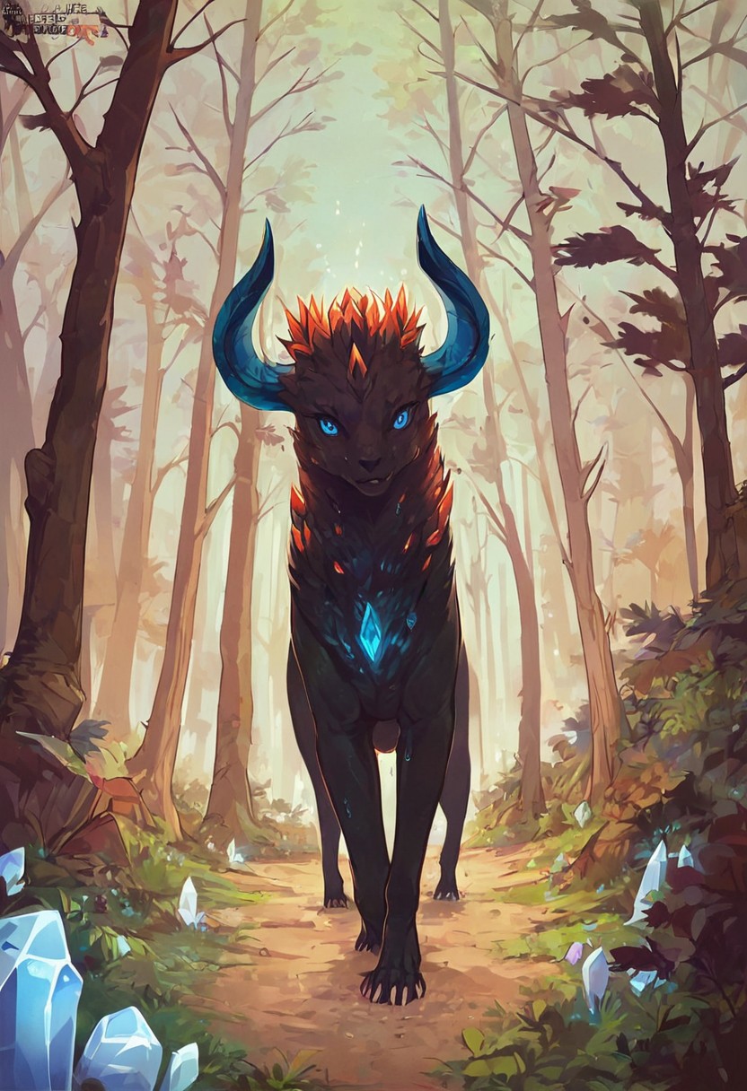 score_9, score_8_up, score_7_up, score_6_up, lineart, cold tones, from front, sidelighting, full body, 
solo, woman, blue, patrolling the forest, 
attractive, forest monster, female, nymph, slim body, blue eyes, black fur, claws, crystal horns, feral jaw,
outdoor, forest, night,