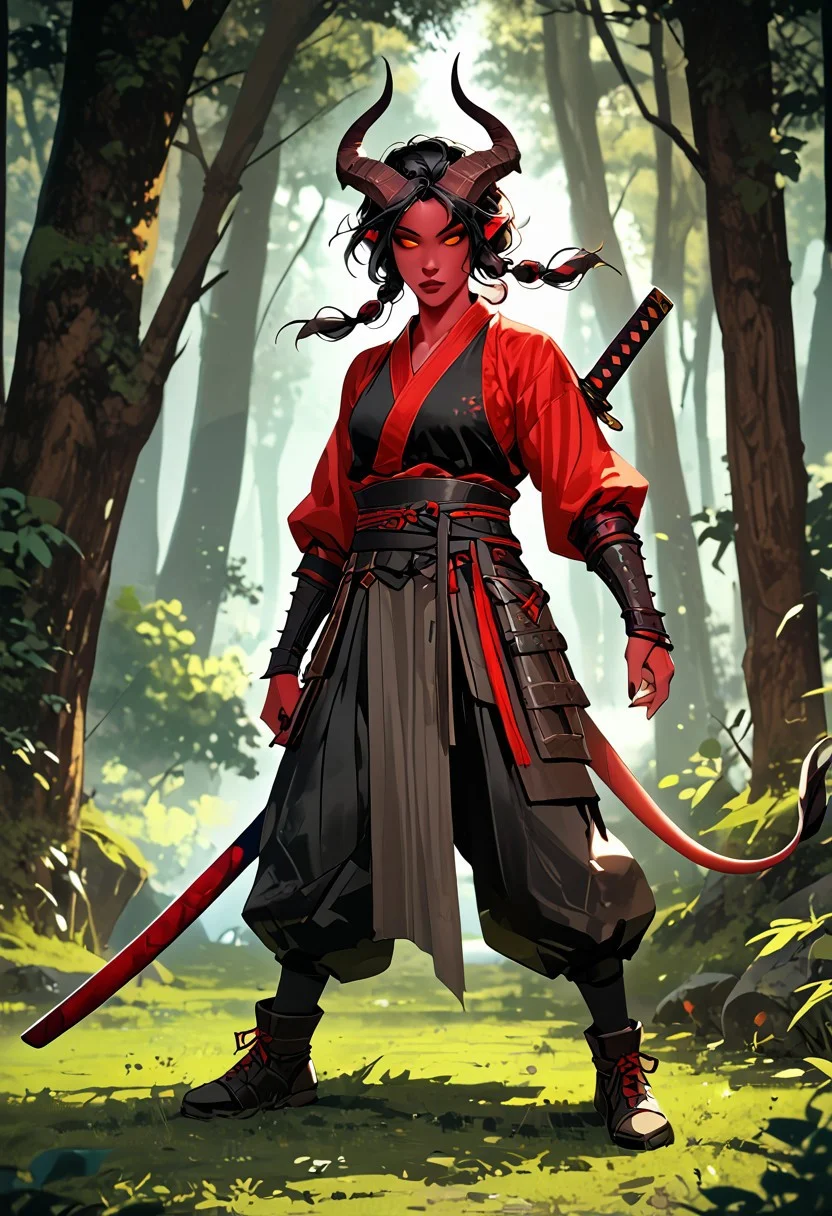 score_9, score_8_up, score_7_up, rating_suggestive, tiefling, one female, single person, red skin, black hair, straight horns: 10, fighting robes, easynegative, negative_hand, MythAn1m3, Tiefling, pointed ears, horns, colored sclera, bull horns,
musuclar woman: 10, amazona: 10, full body, black Hollow eyes: 10, 1girl, Forest
Samurái, Katana, rmor