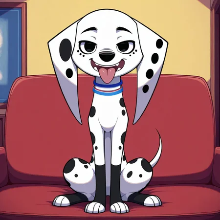 Dolly(101), solo, 1girl, feral, dog, dalmatian, white and black fur, black spots, thin tail, long ears, dog ears, black eyes, blue and yellow collar, looking at viewer, full body, open mouth, tongue out, sitting, living room background