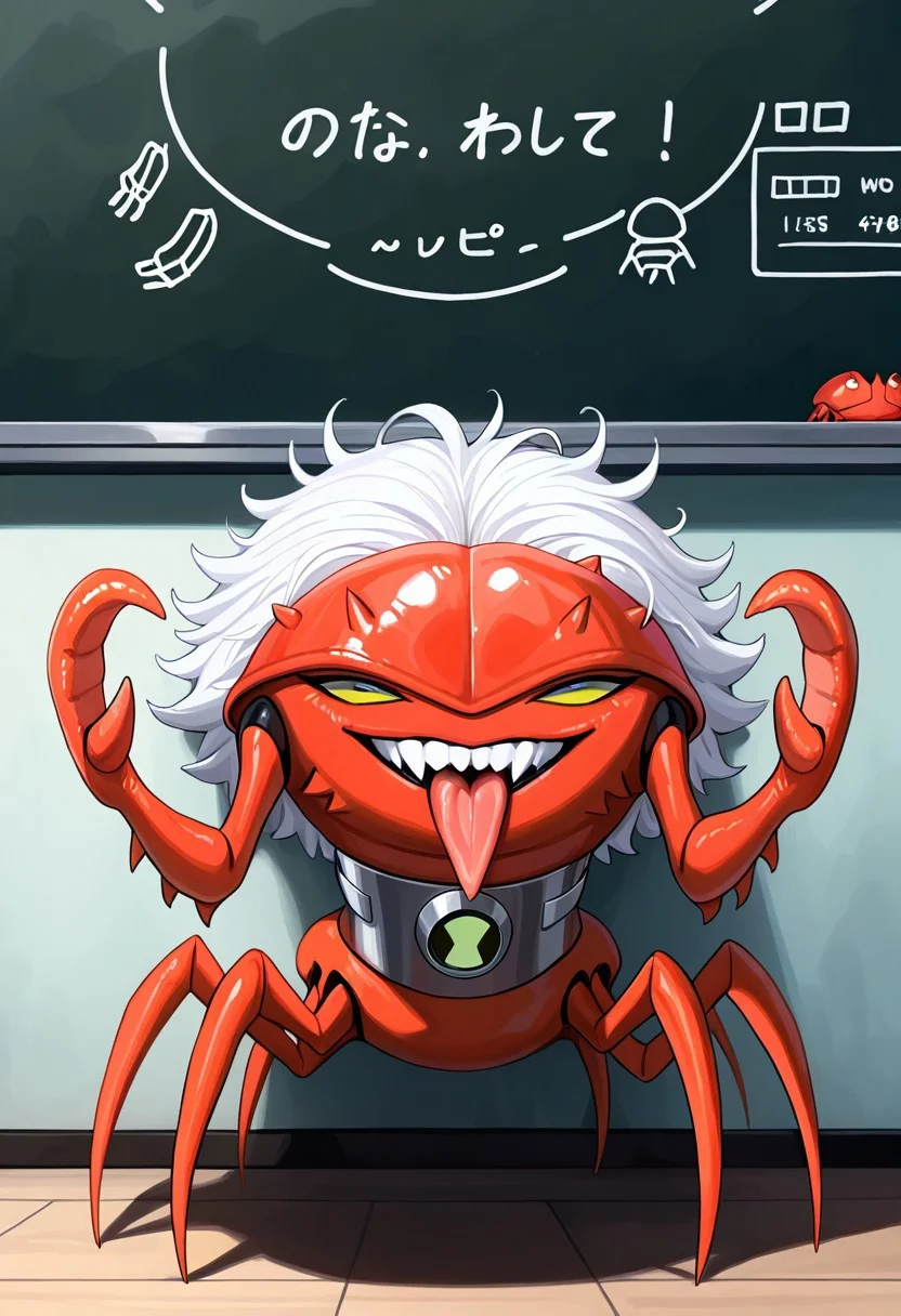 masterpiece, best quality, amazing quality, very aesthetic, absurdres, newest,
brainstorm, solo, teeth, no humans, pokemon (creature), , clenched teeth, crab, crab claws, , , collar,, full body, spider legs, lobster claws, green eyes,
massive crab claws, massive lobster claws, chela, , smile, messy hair, messy white hair, Einstein, pointing at chalkboard, tongue out, open mouth
