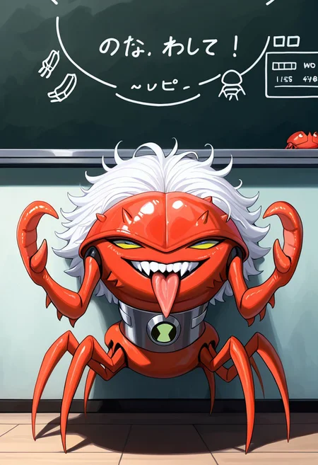 masterpiece, best quality, amazing quality, very aesthetic, absurdres, newest,
brainstorm, solo, teeth, no humans, pokemon (creature), , clenched teeth,  crab, crab claws, , , collar,, full body, spider legs, lobster claws, green eyes, 
massive crab claws, massive lobster claws, chela, , smile, messy hair, messy white hair, Einstein, pointing at chalkboard, tongue out, open mouth