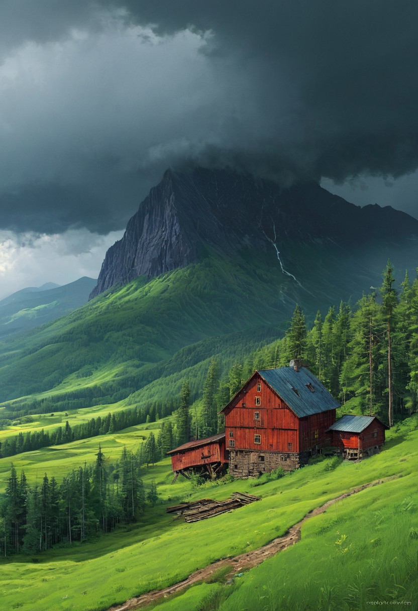 Forest landscape scene, steep mountain valley, lush green fields, small lumbermill, simon stalenhag, storm, dark clouds, windswept, stormy weather, complementary colors, ((Highest quality:1.0),(High resolution:1.0), (masterpiece:1.0), (ground level view:0.6, viewer looking up:0.6), beautiful and aesthetic:1.3), extreme detailed, colorful, highest detailed,((ultra-detailed)),(highly detailed CG illustration),,
