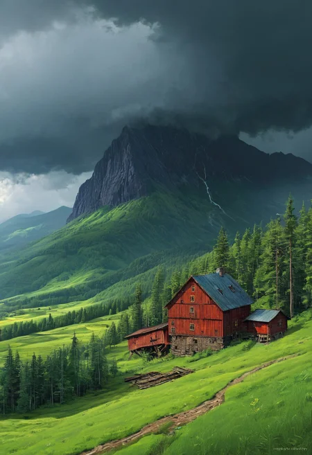Forest landscape scene, steep mountain valley, lush green fields, small lumbermill, simon stalenhag, storm, dark clouds, windswept, stormy weather, complementary colors, ((Highest quality:1.0),(High resolution:1.0), (masterpiece:1.0), (ground level view:0.6, viewer looking up:0.6), beautiful and aesthetic:1.3), extreme detailed, colorful, highest detailed,((ultra-detailed)),(highly detailed CG illustration),,