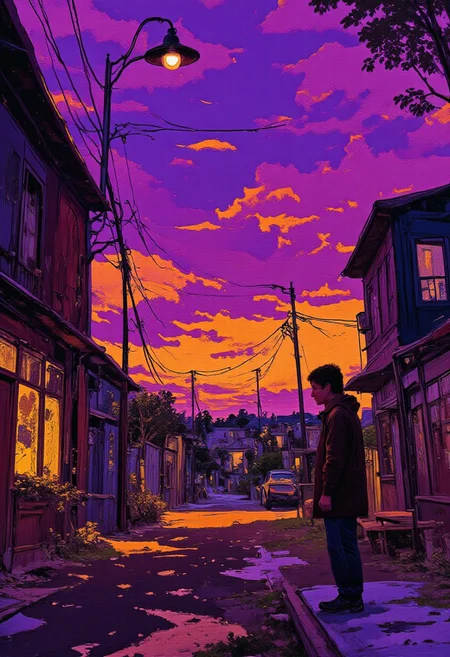 A digital painting of a vibrant animated landscape at dusk. The sky is dramatic, with swirling purple clouds and vivid orange sunset hues. The city lights reflect on the wet streets, emphasizing the horizon line and the dynamic perspective. one lonely man silhouette walking in street, The painting has rich colors and fluid brushstrokes. The image is 9:16 in aspect ratio and has a quality of 2. The style is raw and the stylize level is 500. The image is rated 6.1 on the v scale. <lora:FLUX-daubrez-DB4RZ:0.83> DB4RZ, DB4RZ style painting, <lora:ILLUSTRATION_2_FLUX v2:0.53> <lora:Fantastic Realism - s0_8 g4:0.43> f4nt4st1c,