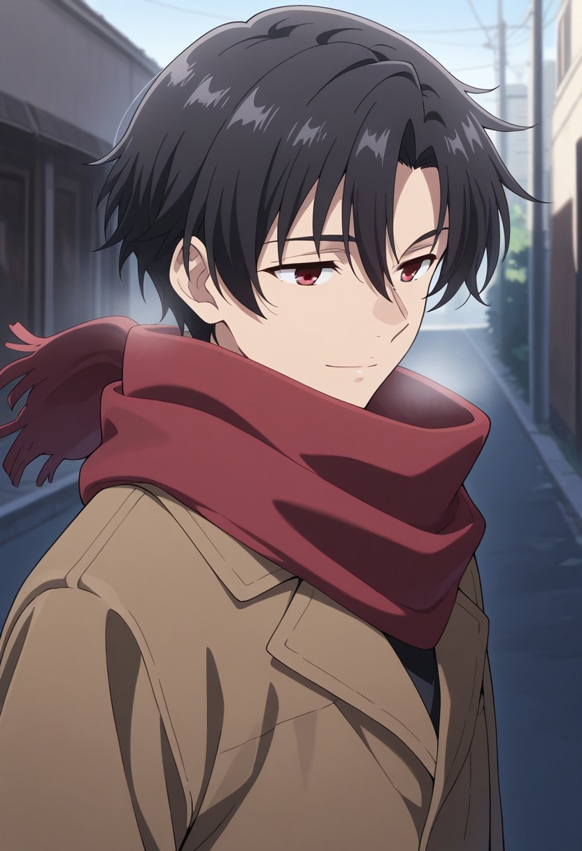 masterpiece,best quality,amazing quality, source_anime, 
ShineiNouzen, 1boy, male focus, solo, red eyes, black hair, scarf, red scarf, light smile, outdoor,