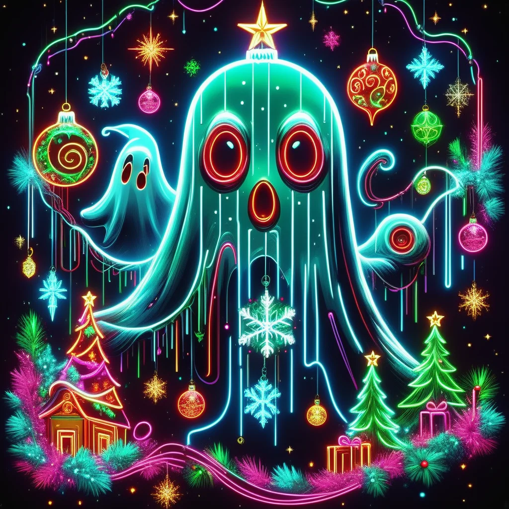 hyper detailed masterpiece, dynamic realistic digital art, awesome quality, DonMN30nChr1stGh0stsXL neon contemporary christmas art, ghost of christmas yet to come, , nostalgic and reminiscent,cozy and comforting, sputnik chandeliers, <lora:DonMN30nChr1stGh0stsXL-000009:1>