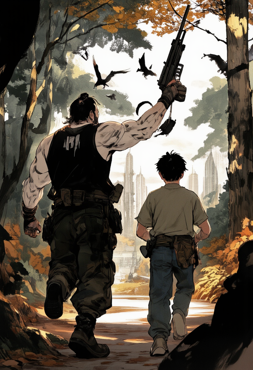 An image in style of ink wash painting, featuring a dutch angle, side view of two men running through a dim summer forest at dusk. A muscular 40-year-old white tiger furry with robust build, broad shoulders, thick arms, large pectorals, rugged beard and thick mustache, wearing a black vest with bold white "F!" text and black camouflage pants, positioned on the right side of the frame. He holds a machine gun upward in his front hand while looking vigilantly to the side, his other arm extended backward firmly gripping the hand of a slender 20-year-old young man with black short hair wearing a green short-sleeve shirt and blue jeans, who follows behind him on the left side of the image. Both captured in dynamic motion from their sides in cowboy shot framing. Through gaps in the tree trunks and leaves ahead, glimpses of a vast lake surrounding a distant city of skyscrapers, with numerous black western dragons circling above, breathing fire down upon the chaotic cityscape. <lora:Shuimozhuangshi_Ink_wash_painting_style_v2.7:1> 