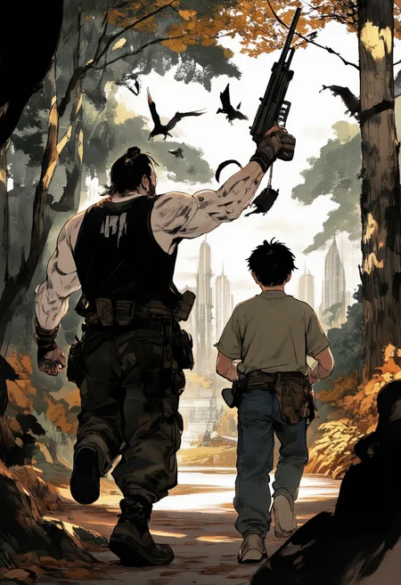 An image in style of ink wash painting, featuring a dutch angle, side view of two men running through a dim summer forest at dusk. A muscular 40-year-old white tiger furry with robust build, broad shoulders, thick arms, large pectorals, rugged beard and thick mustache, wearing a black vest with bold white "F!" text and black camouflage pants, positioned on the right side of the frame. He holds a machine gun upward in his front hand while looking vigilantly to the side, his other arm extended backward firmly gripping the hand of a slender 20-year-old young man with black short hair wearing a green short-sleeve shirt and blue jeans, who follows behind him on the left side of the image. Both captured in dynamic motion from their sides in cowboy shot framing. Through gaps in the tree trunks and leaves ahead, glimpses of a vast lake surrounding a distant city of skyscrapers, with numerous black western dragons circling above, breathing fire down upon the chaotic cityscape. <lora:Shuimozhuangshi_Ink_wash_painting_style_v2.7:1>