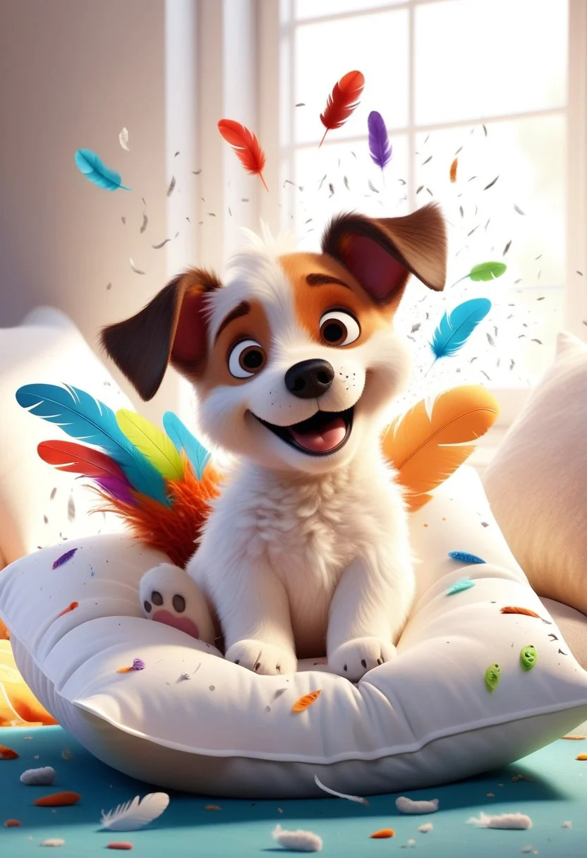 a cute and sweet pixar style baby dog. sweet smile, sits in a broken pillow. Feathers fly out of the broken pillow. the head is sticking out of the pillow. feathers visible. clear sunshine, incredibly detailed, Pixar style, bright colors, natural light
perfection style, vivid colors, colorful, Cute Animals page, exploded pillow. feathers fly everywhere