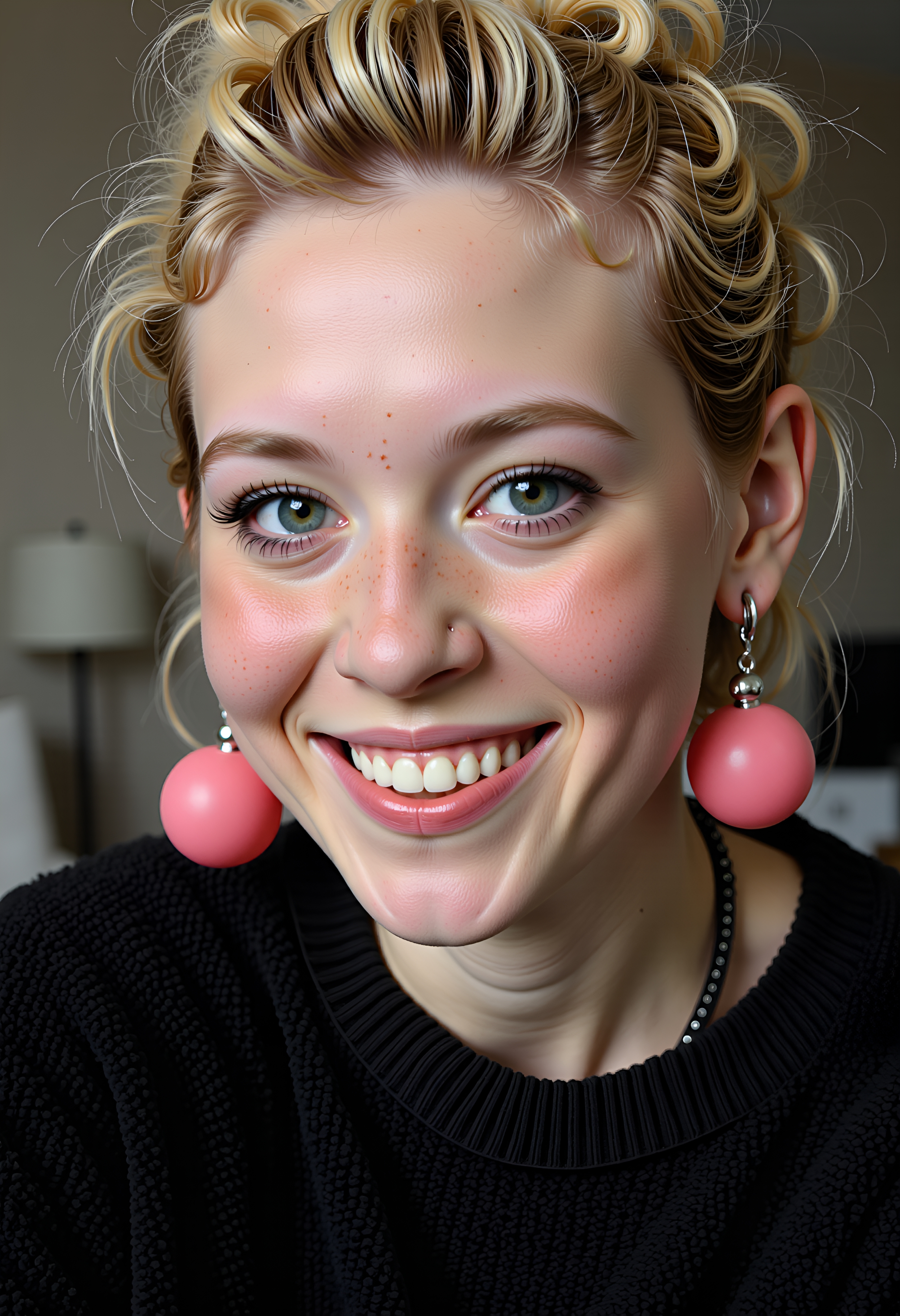 beauty shot.  A very closeup funny portrait of a beautiful owkx woman perky grinning at viewer wearing a cute fluffy black sweater.  blonde french twist hairstyle. lipstick, eye shadow, blush, freckles, mole on face, big kinky pink plastic earrings., <lora:flux_model_mandy_fictional_owkx woman_2300:0.85>, , , , ,