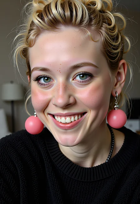 beauty shot.  A very closeup funny portrait of a beautiful owkx woman perky grinning at viewer wearing a cute fluffy black sweater.  blonde french twist hairstyle. lipstick, eye shadow, blush, freckles, mole on face, big kinky pink plastic earrings., <lora:flux_model_mandy_fictional_owkx woman_2300:0.85>, , , , ,