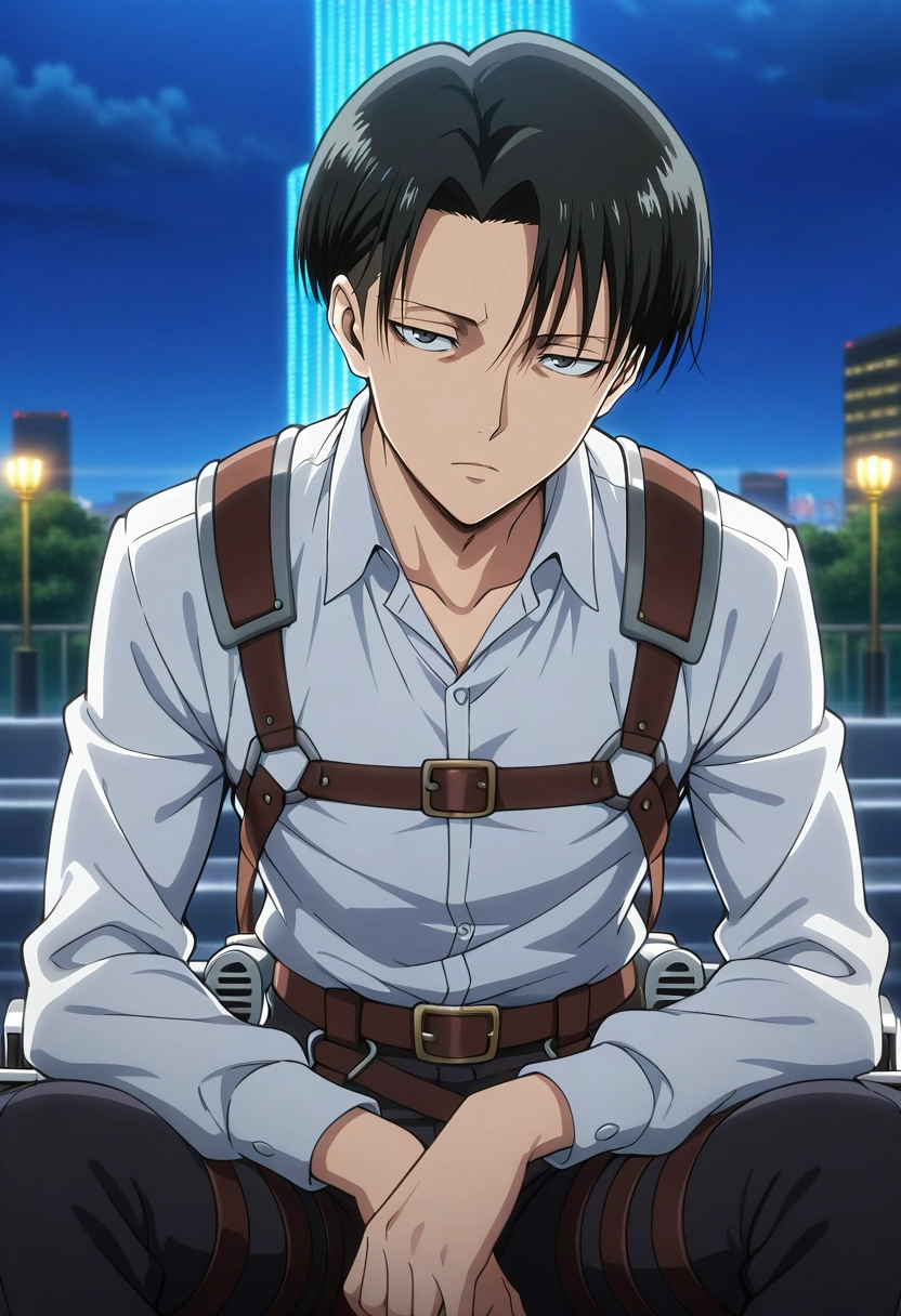 masterpiece, best quality, , anime screencap, anime coloring, official style, looking at viewer, , 1boy, solo, male focus, <lora:levi_ackerman_ilxl:0.94>, levi_ackerman, black hair, black eyes, short hair, curtained hair, , three-dimensional maneuver gear, neon plaza, light fountains, holo-trees, rest areas, relaxing pose, content expression, night,