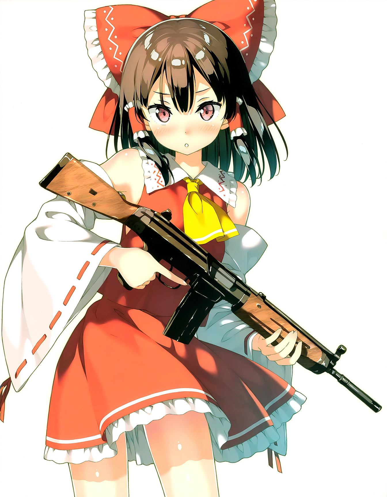 1girl, solo, hakurei_reimu,touhou,hair_bow,red_bow,detached_sleeves,yellow_ascot,frilled_bow,frilled_hair_tubes,red_skirt,ribbon-trimmed_sleeves,wide_sleeves,white_sleeves, stent r91, assault rifle, holding gun, two handed, trigger discipline, standing, tachi-e, straight-on, upper body simple background, white background best quality, masterpiece, kantoku, <lora:OWN/pops_fo3_r91-v002-000015.safetensors:1.0>