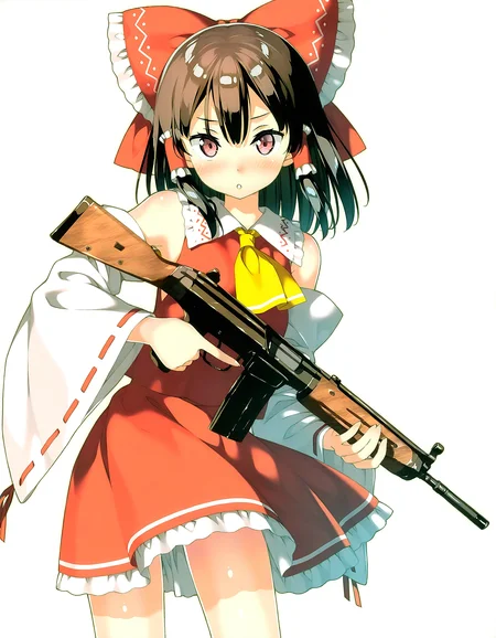 1girl, solo, hakurei_reimu,touhou,hair_bow,red_bow,detached_sleeves,yellow_ascot,frilled_bow,frilled_hair_tubes,red_skirt,ribbon-trimmed_sleeves,wide_sleeves,white_sleeves, stent r91, assault rifle, holding gun, two handed, trigger discipline, standing, tachi-e, straight-on, upper body simple background, white background best quality, masterpiece, kantoku, <lora:OWN/pops_fo3_r91-v002-000015.safetensors:1.0>