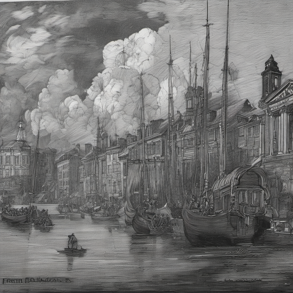 <lora:franklinbooth_xl-000008:1>in the style of franklinbooth, many boats waiting to dock, 17th century, dark ink, high detail, clouds, buildings,