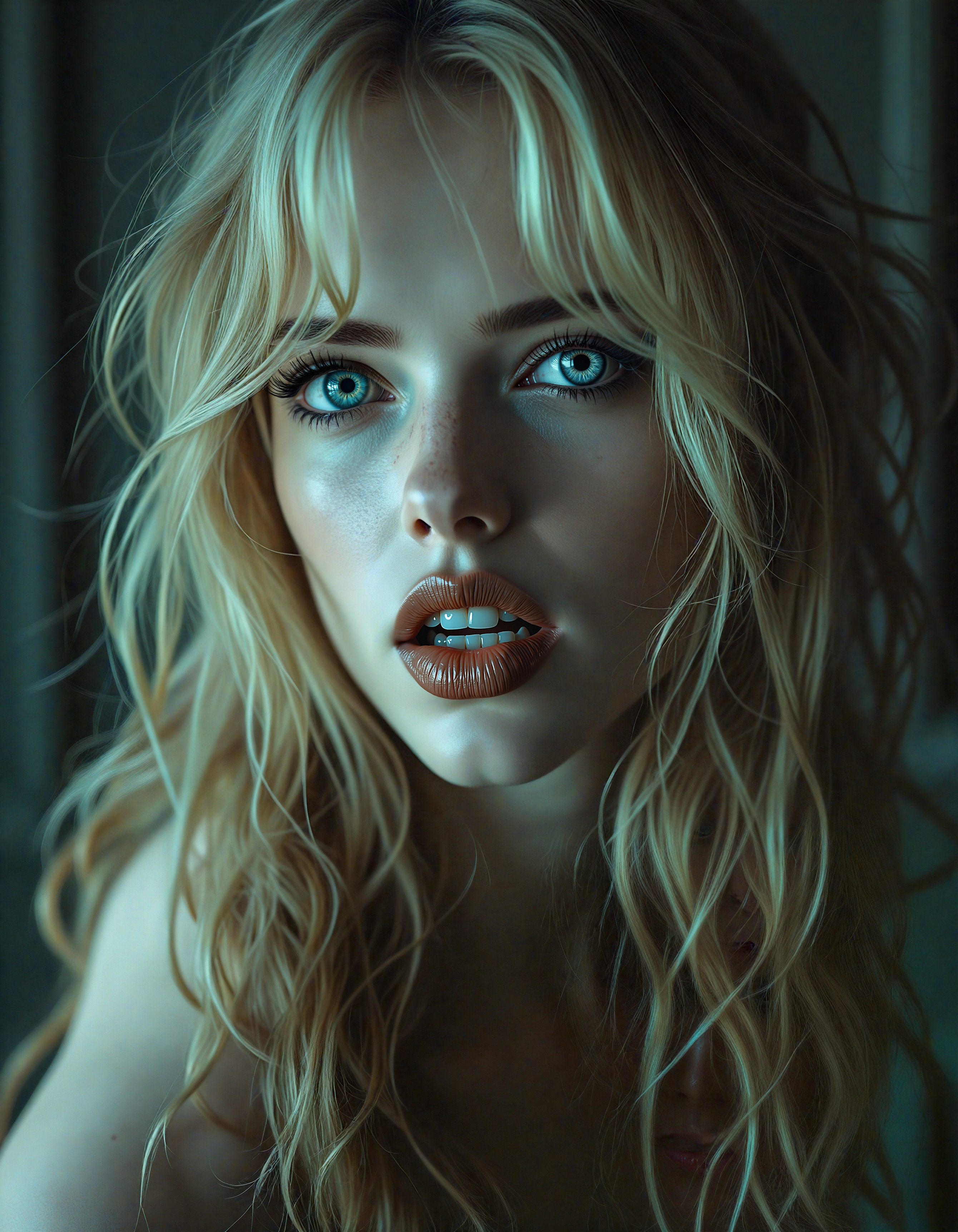 (dark mood masterpiece Photography:1.2), portrait of a mysterious woman with blue eyes and bold eyeliner looking seductively, smirking, naughty expression, long wavy blonde hair. The extreme realism focuses on her detailed skin, showing fine textures and natural highlights. photography masterpiece, modern, irresistible beauty, fuzzy lighting, dark mood, unusual composition, use of negative space, (rule of thirds composition), simmetry , mysteriouse, emotional, flirting, (fine erotic content:0.65), groundbreaking unrivaled opus with unrivaled details, (Celadon color scheme), highly detailed, melancholic, low-light hyper detailed photography, catchlights, from below
