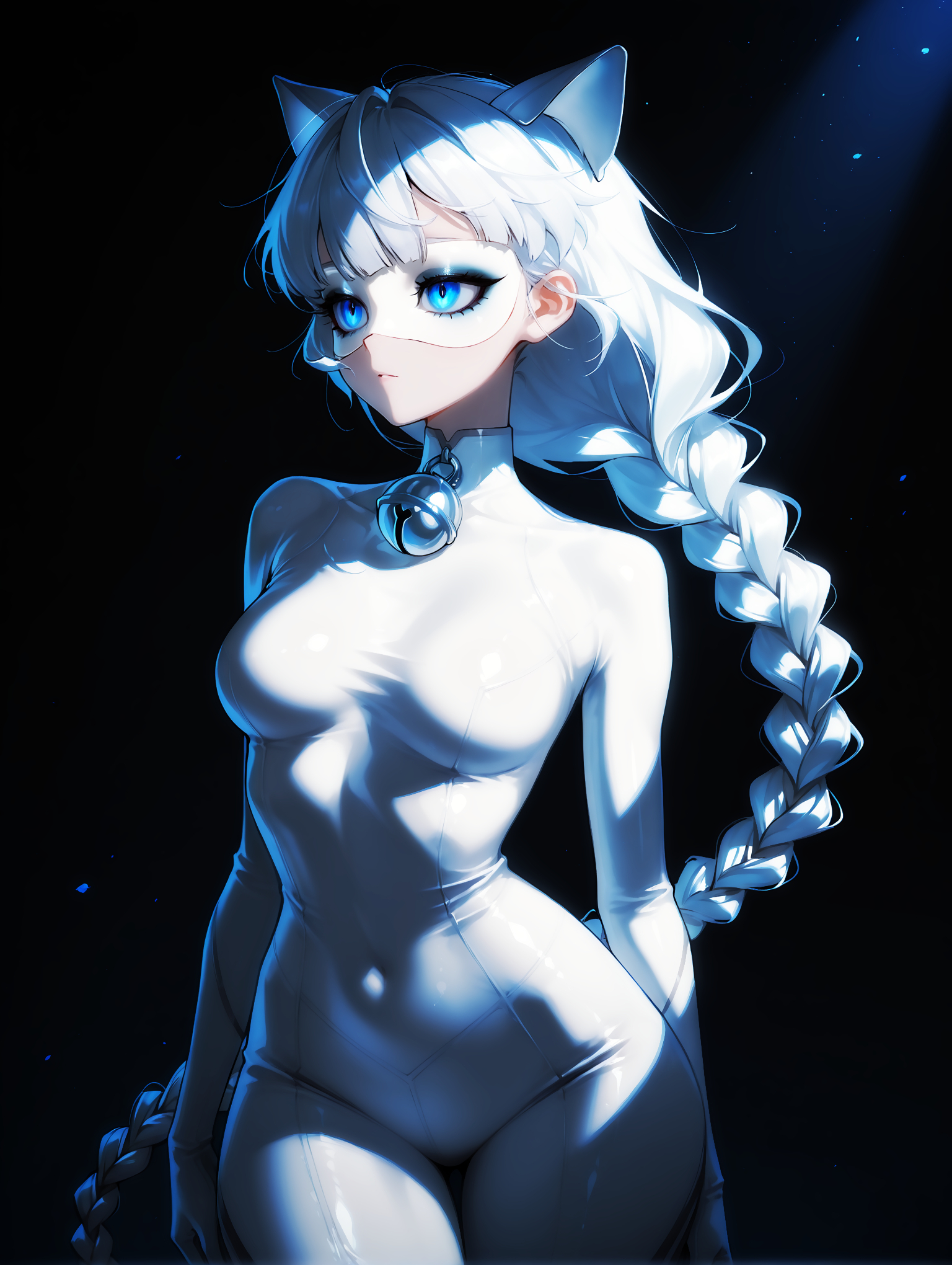 masterpiece, very aesthetic, best quality, hiper-detailed, intricate details, dramatic light, dynamic light, rich colors, solo, sexy girl, wide hips, large breast, cowboy shot, dark, darkness, night, full body, imtdladyblanc, 1girl, white hair, blue eyes, braid, animal ears, long hair, cat ears, mask, bodysuit, single braid, bell, white bodysuit, medium breast, neck bell, skin tight, very long braided ponytail, bangs, braided ponytail, eyelashes, eyeshadow
