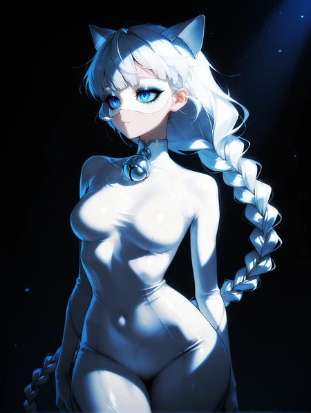 masterpiece, very aesthetic, best quality, hiper-detailed, intricate details, dramatic light, dynamic light, rich colors, solo, sexy girl, wide hips, large breast, cowboy shot, dark, darkness, night, full body, imtdladyblanc, 1girl, white hair, blue eyes, braid, animal ears, long hair, cat ears, mask, bodysuit, single braid, bell, white bodysuit, medium breast, neck bell, skin tight, very long braided ponytail, bangs, braided ponytail, eyelashes, eyeshadow
