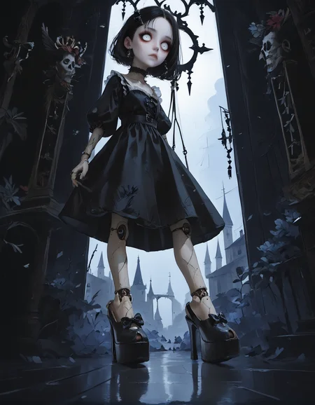 score_9, score_8_up, score_7_up, score_6_up, score_5_up, score_4_up,
1girl, goth, black dress, black hair,
doll, ball joints, long legs, expressionless, empty eyes, white eyes,
dangling arms, dangling legs, hanging from waist,
indoors, school,
(from below), (from side:1.25), foot focus,
(wide angle:1.2), (fisheye lens:1.5), (foreshortening:1.3),
night, dark, dark background, Low-key lighting,
light particles,
(r3w1nd heels:1.2), (platform footwear:1.2),
dontstarvestyle, blank eyes,
embedding:zPDXL2 ,