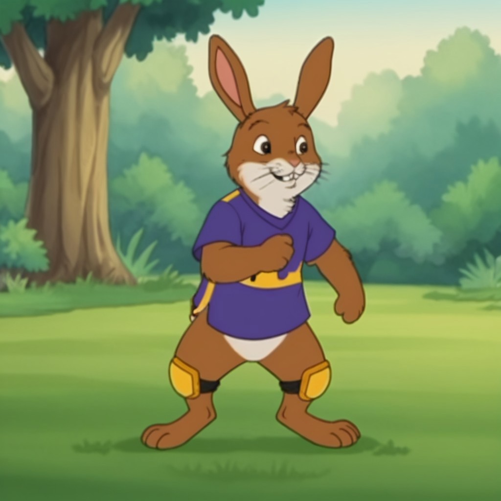 score_9, score_8_up, score_7_up, score_6_up, score_5_up, score_4_up, source_furry, rabbitfrnkln, semi-anthro, male, rabbit, brown fur, buck teeth, whiskers, outside, standing, in a forest,  purple shirt, yellow stripe, yellow knee pads, kicking soccer ball
