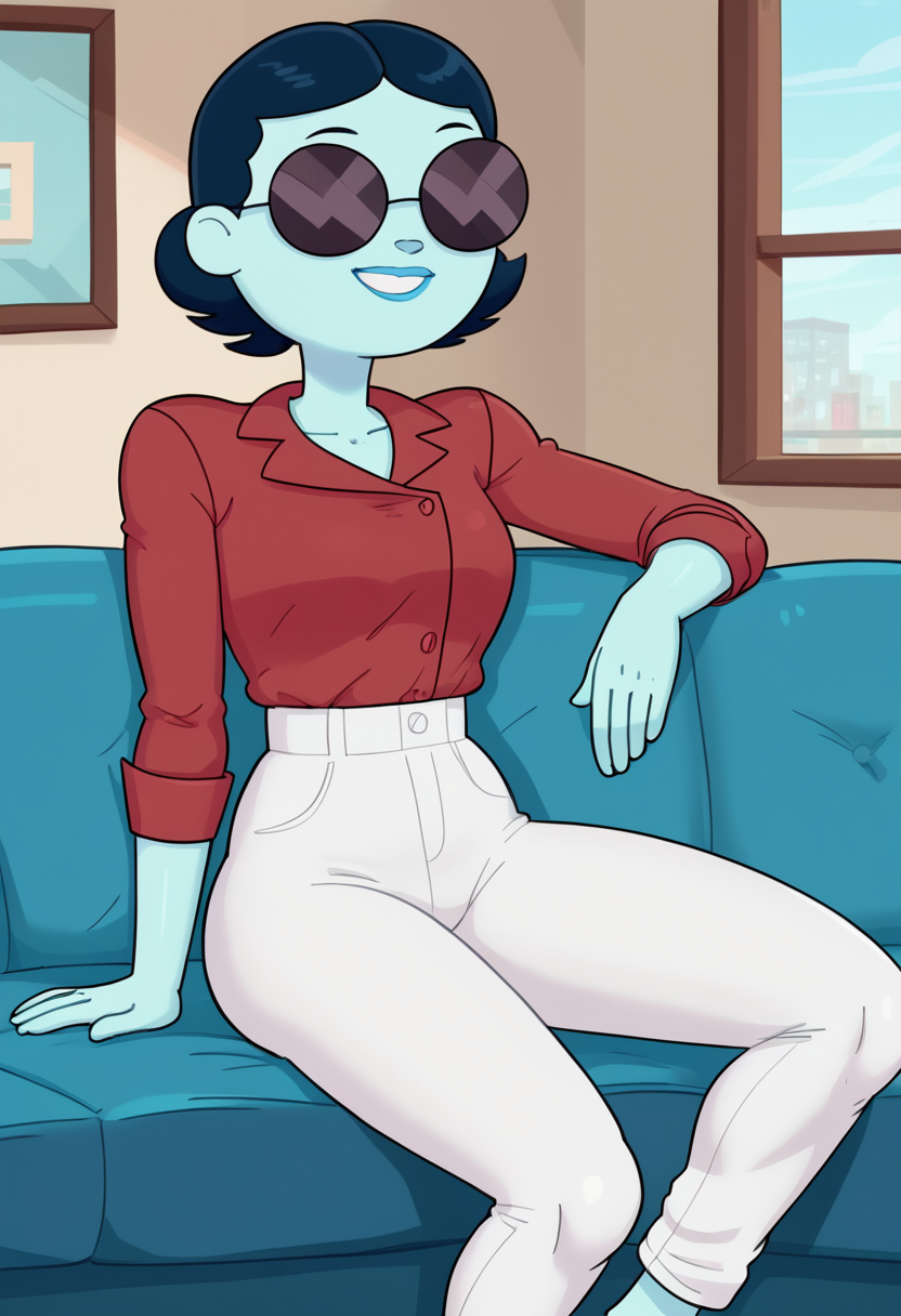 score_9, score_8_up, score_8,   <lora:Patience_St._Pim_Adventure_Time_for_PonyXL:0.8> 1girl, blue skin, s4intp1m, sunglasses, short hair, black hair, pants, red shirt, sitting on couch, living room, window, smile,