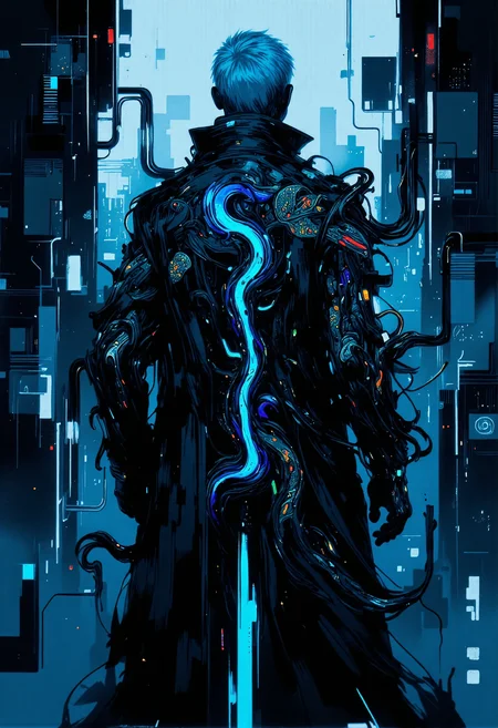 high detail, lots of detailed details, masterpiece, rich image, perfect shadow, stylish, modern, high-definition, cyberpunk, science fiction. The image is a digital illustration in style cyberpunk. The subject is a figure from behind, depicted in a futuristic, sci-fi aesthetic. The picture shows a man wearing a high-tech long coat with separated coattails and neon lights that shimmer with bright blue shades. The coat is decorated with an elegant dragon pattern and a high collar. The character's hair resembles an undercut haircut, that is painted white. Her hair is decorated with intricate glowing patterns that emphasize the cyberpunk theme. The skin of the figure is partially cybernetic, with visible glowing pulsating veins and electrical circuits, especially on the back, running along the spine. The implant is clearly visible on his back. Segmented spine with blue indicators on each individual vertebra. Each segment is covered with metal plastic with aggressive angular edges. The implanted spine sends a multitude of nerves and veins through the body that give off a blue glow, suggesting advanced cybernetic integration or a merger of biotechnologies. The background is mirrored skyscrapers and holograms. <lora:digital-abyss:0.5> , <lora:bo-cyborgsplash:0.7> , <lora:ck-nc-pastel-cyberpunk:0.5> , <lora:Blade Runner style v1:0.7> Blade Runner style, <lora:FLUX-daubrez-DB4RZ-v2:0.85> , <lora:Neon_Cyberpunk_Splash_Art_FLUX:0.8> , <lora:psycho_art:0.75> pscho_4rt, surreal, abstract, glitch