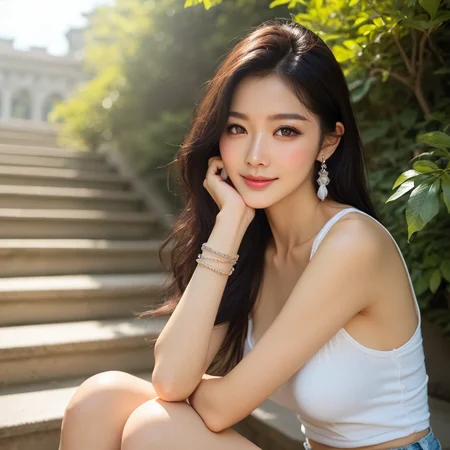 [8]a stunning real medium breasts Korean woman with long, flowing dark hair, her piercing gaze directly addressing the viewer. score_9, score_8_up, score_7_up, 4k, high quality, (best quality:1.1), realistic, photorealistic, close-up, upper body, (ultra HD quality details), High Fashion, A highly detailed, realistic digital photo of a Korean woman 28yo with a pale complexion, emphasizing her enigmatic and mystical aura,, high resolution, rich textures, and contemplative mood. Her eyes are a deep piercing and  brown, dynamic, dramatic, haute couture, elegant, ornate clothing, dark straight hair with a few loose strands framing her face, against a cyan gradient background, Realistic photograph, Movie light, film grain, stairs, barefoot, sitting on stairs, jewelry, shorts, sitting, bracelet, feet, head tilt, head rest, looking at viewer, toes, realistic, smile, denim shorts, denim, ring, leaf, short shorts, tank top, sunlight, lips, day, outdoors, nail polish, bare legs, brown eyes, blue shorts, hand on own face, toenails, shirt, earrings, white shirt, <lora:JennifePonySRV1:1>, <lora:add-detail-xl:0.5>, <lora:Expressive_H-000001:1.2>, <lora:IzayoiLycoXL:0.3>, embedding:pureerosface_v1, medium breasts,