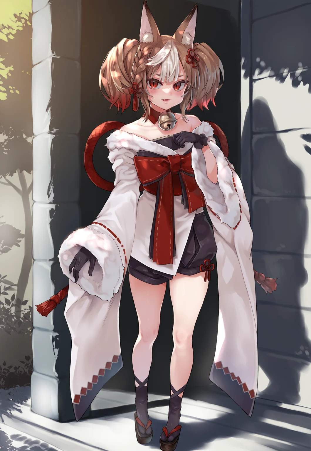 asanagi, (score_9, score_8_up, score_7_up, :1.2) detailed, highres, absurdres, a girl standing outdoors, 1girl, outdoors, solo, standing, looking at viewer, pose, hands, full body,
red eyes, multicolored hair, brown hair, animal ears, gloves, bell, streaked hair, black gloves, white hair, off shoulder, neck bell, fur trim, twintails, wide sleeves, japanese clothes, black footwear, animal ear fluff, braid, bare shoulders, long sleeves, ribbon, fox ears, bangs, socks, blush, black socks, collar, bow, hair ornament, shorts, kimono, red bow, red ribbon, collarbone, fox girl, fang, hair ribbon, sandals, geta, jingle bell, sash,
rating_safe <lora:sdxl_asanagi_v1:0.5> <lora:SekkaPonyTest:1>