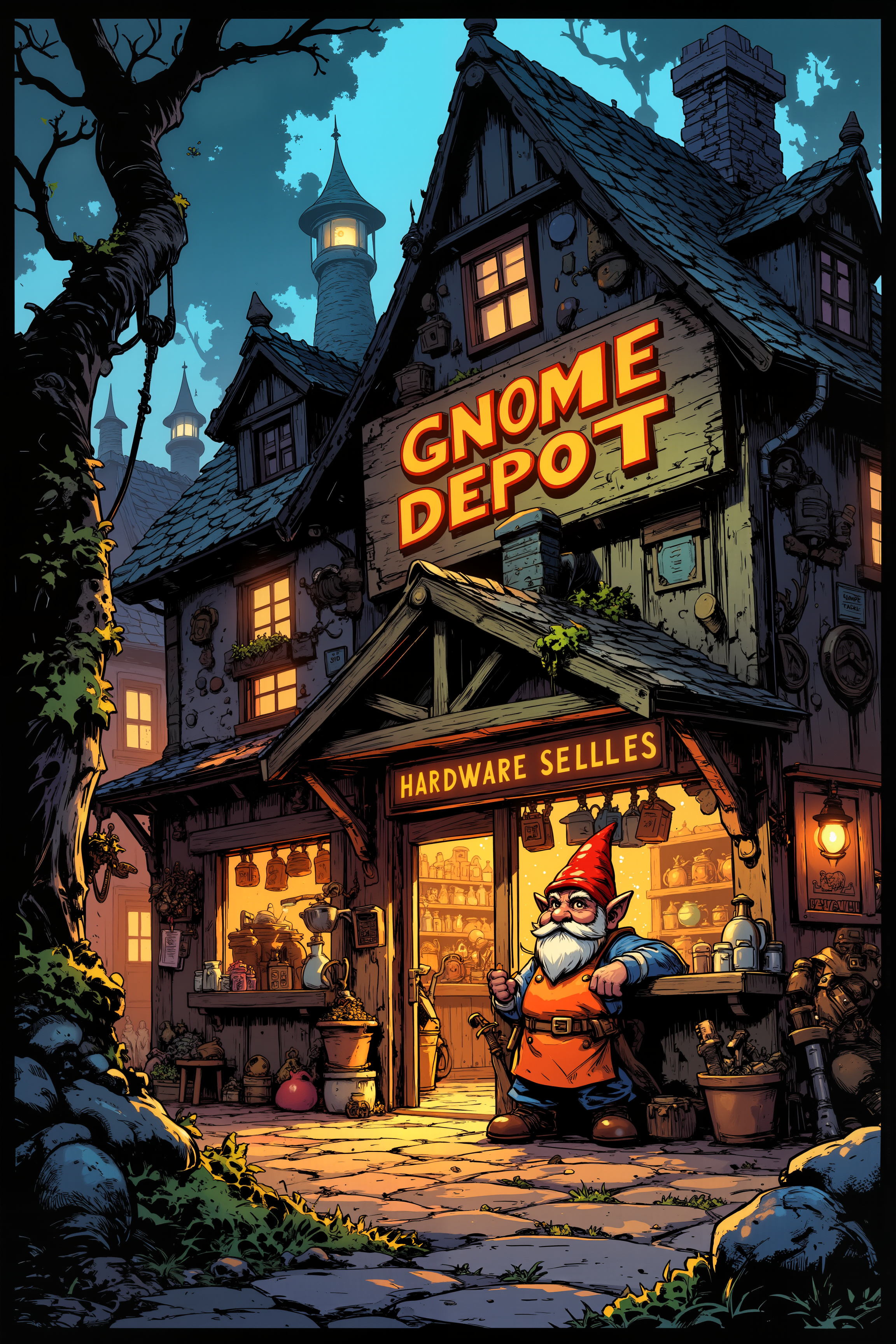 a very big fantasy shop with sign "Gnome Depot".It is a Hardware store for adventurers which Sells dungeon renovation supplies. Their mascot is a gnome wearing an orange apron and hard hat.  Fantastic lighting. Detailed shadows.intricate details, vivid colors, hyper-detailed, ultra-sharp<lora:Ev_Ganin:0.4><lora:Vintage comic book:0.4><lora:RetroAnimeFluxV1:0.15><lora:Greg_Capullo_style:0.4><lora:jeanClaude_Mzires_Style_FLUX-000001:0.4><lora:Flux_Ink_Anime:0.4>