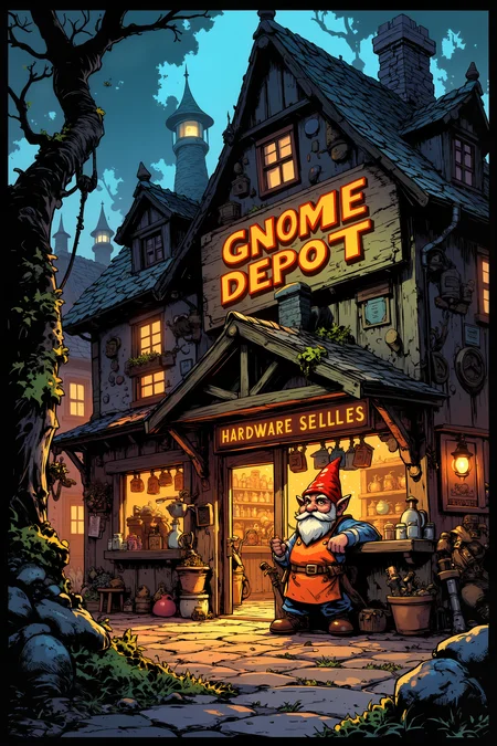a very big fantasy shop with sign "Gnome Depot".It is a Hardware store for adventurers which Sells dungeon renovation supplies. Their mascot is a gnome wearing an orange apron and hard hat.  Fantastic lighting. Detailed shadows.intricate details, vivid colors, hyper-detailed, ultra-sharp<lora:Ev_Ganin:0.4><lora:Vintage comic book:0.4><lora:RetroAnimeFluxV1:0.15><lora:Greg_Capullo_style:0.4><lora:jeanClaude_Mzires_Style_FLUX-000001:0.4><lora:Flux_Ink_Anime:0.4>