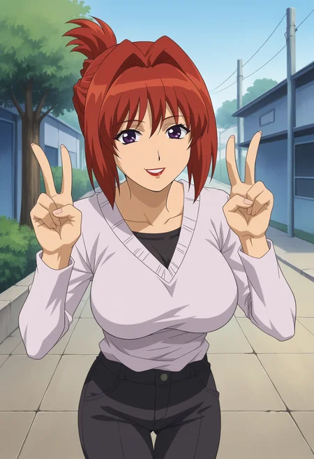 <lora:Maharu_Sena_Kanaka-Girls_Bravo:0.8>1girl,solo,Maharu Sena Kanaka,red hair,hair intakes,purple eyes,lipstick,large breasts,anime coloring,folded ponytail,shirt,pants,smile,double v,looking at viewer,outdoors
