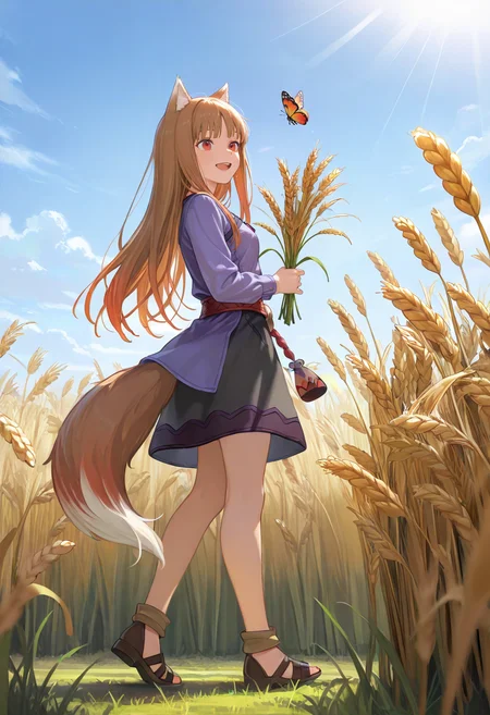 1girl,holo,holding plant,wheat field,wheat,sunlight,happy,from below,full body,walking,from side,sky,butterfly,
(masterpiece, best quality, very aesthetic),absurdres,aesthetic,detailed,beautiful color,amazing quality,realistic,<lora:Straw_thread:0.7>,<lora:breasts_size_slider_illustrious_goofy:0.5>,<lora:cutesexyrobutts_style_illustrious_goofy:0.5>,<lora:ponyv4_noob1_2_adamW:0.5>,