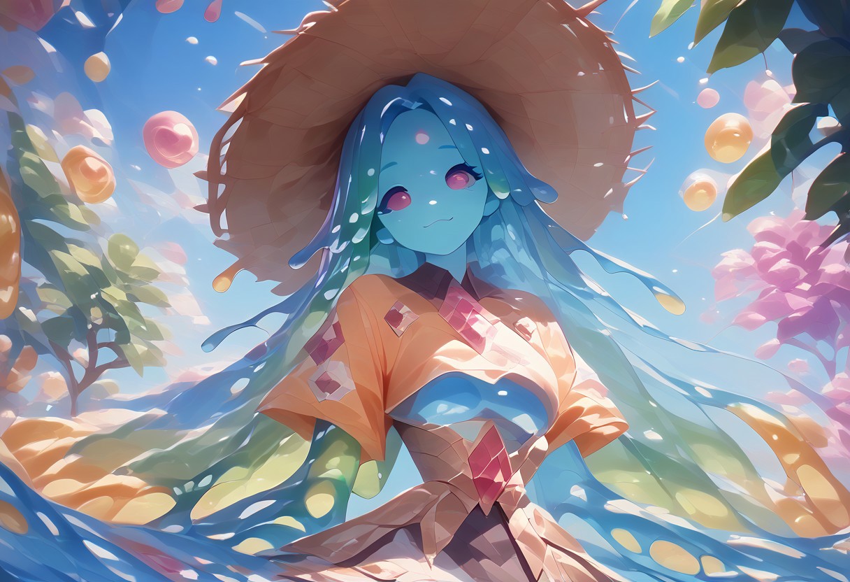score_9, score_8_up, score_9_up, score_7_up, high quality, masterpiece, highly detailed, solo, (((colorful slime women))), medium breasts, exotic dress, Slime core, cute pose, happy expression, fruit trees, straw hat, viewed from a distance, colorful fruit
